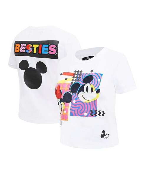 Women's White Mickey Friends Besties Expression Baby Doll Cropped T-Shirt