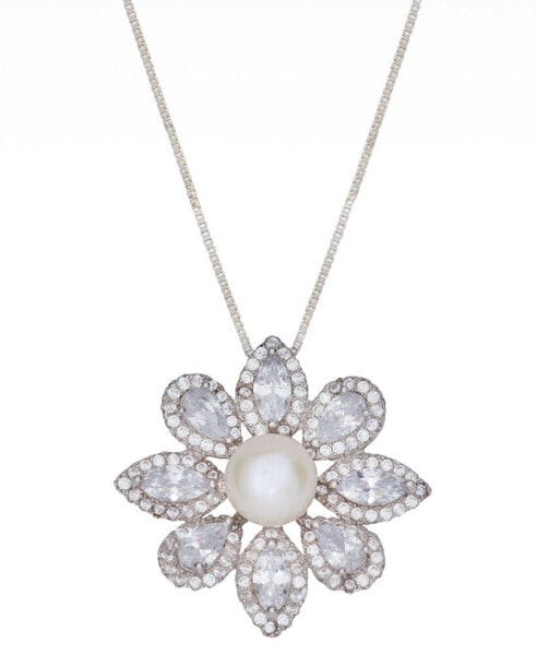 Macy's cultured Freshwater Pearl (7mm) & Cubic Zirconia Flower 18" Pendant Necklace in Sterling Silver