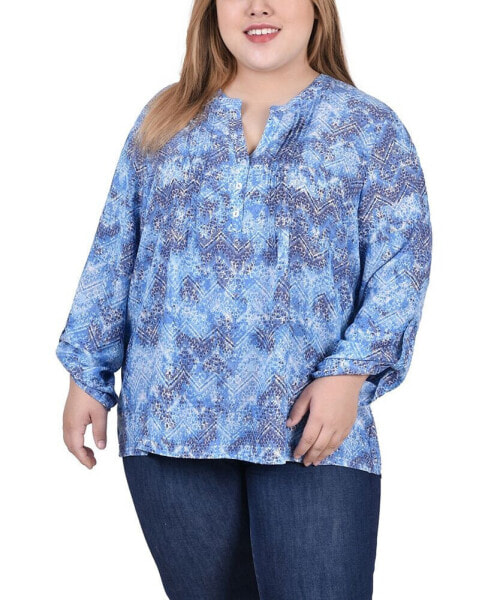 Plus Size Long Roll Tab Sleeve Pintuck Front Blouse