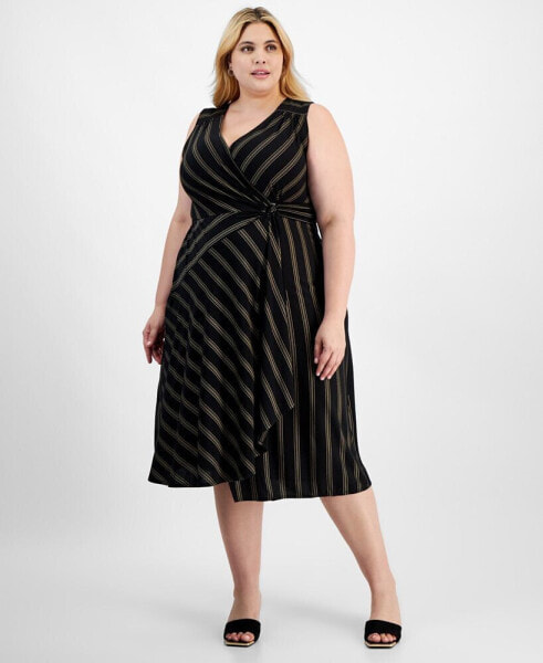 Plus Size Striped Faux-Wrap Midi Dress