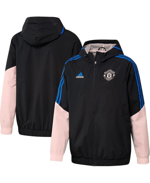 Куртка с капюшоном adidas для мужчин Manchester United Training All-Weather с застежкой на молнию, черного цвета