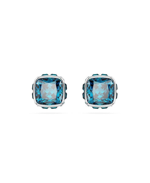 Rhodium Plated Square Cut Color Birthstone Stud Earrings