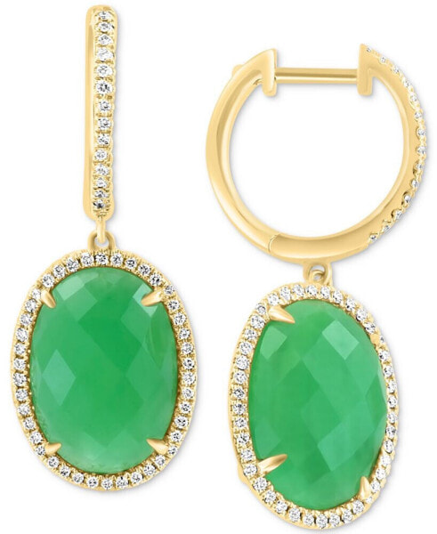EFFY® Dyed Green Jade & Diamond (1/3 ct. t.w.) Oval Dangle Hoop Earrings in 14k Gold