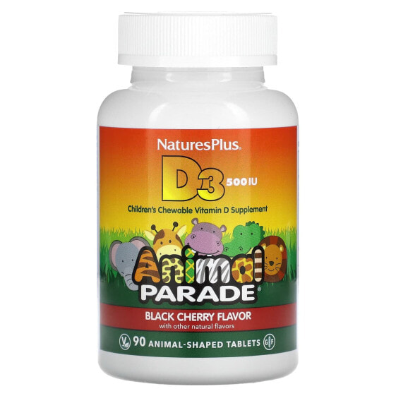 Витамины для детского здоровья NaturesPlus Animal Parade, Витамин D3, Черная вишня, 500 МЕ, 90 таблеток в форме животных.