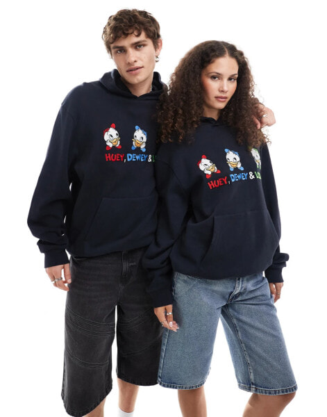 ASOS DESIGN Disney unisex oversized texture hoodie with Huey, Dewey and Louie prints and embroidery in navy