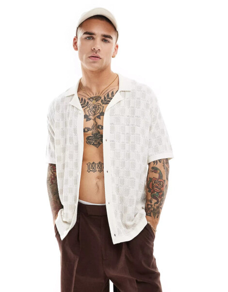 Hollister short sleeve pattern knit buttonthrough shirt in white/grey