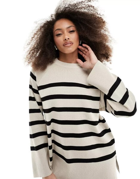 Object knitted round neck jumper in cream mono stripe