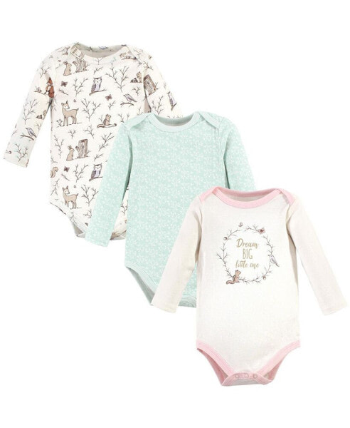 Baby Girls Cotton Long-Sleeve Bodysuits, Enchanted Forest Dream, 3-Pack