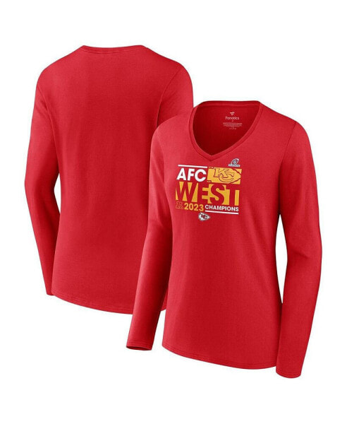 Women's Red Kansas City Chiefs 2023 AFC West Division Champions Conquer Long Sleeve V-Neck T-shirt