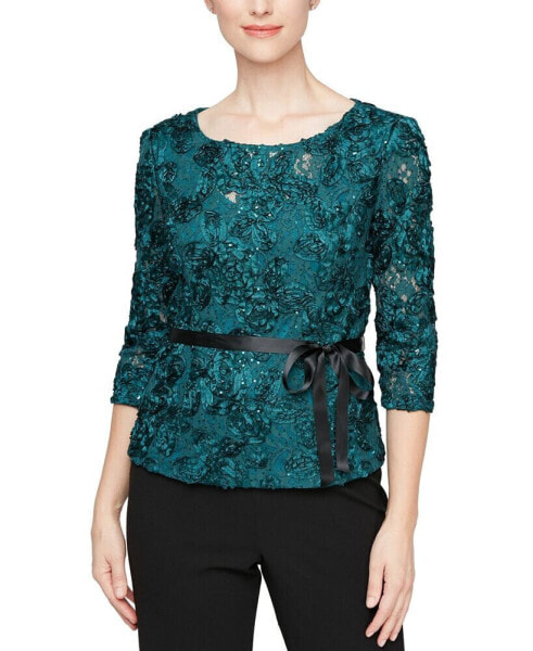 Petite Sequin Rosette 3/4-Sleeve Top