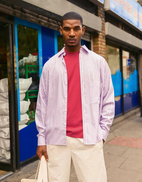 Topman long sleeve oversized pink stripe shirt