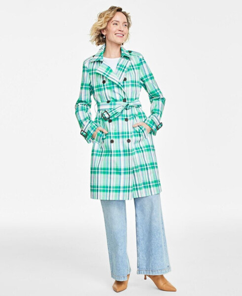 Women's Plaid Double-Breasted Trench Coat, Created for Macy's