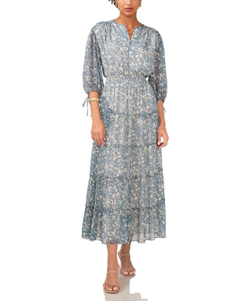 Women's Printed Pintuck 3/4-Sleeve Tiered Maxi Dress