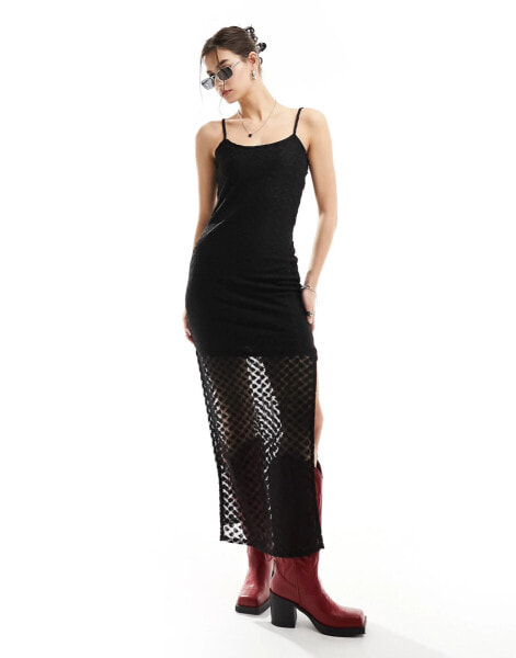 Glamorous maxi cami dress in black crochet knit