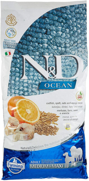 Farmina N&D Ocean Pellets Dog Food (Dry Food, with High Quality Vitamins and Natural Antioxidants, Corn Free, Ingredients: Cod, Spelled, Oats and Orange, Portion Size: 12 kg)
