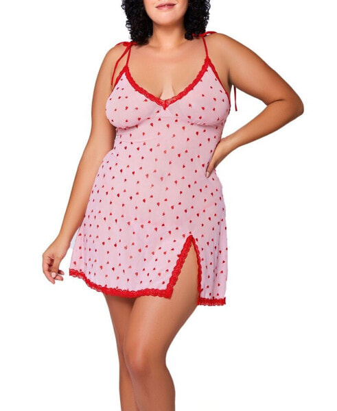 Plus Size Paris Embroidered Hearts Babydoll Chemise and Matching Heart Panty 2pc Lingerie Set