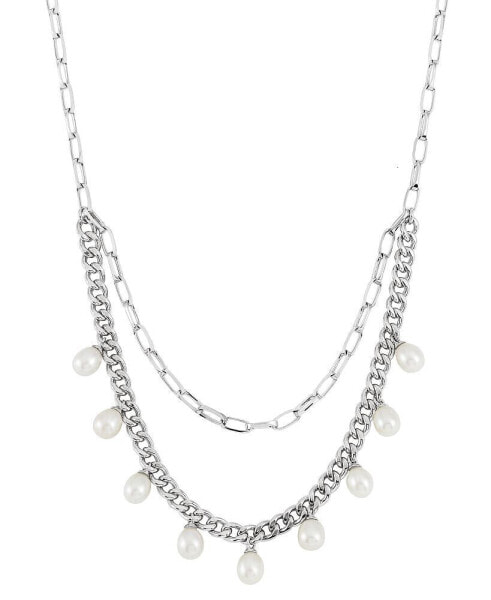 Cultured Freshwater Pearl (6-1/2-7mm) Paperclip Link 18" Layered Necklace in Sterling Silver