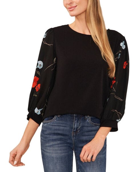 Women's 3/4-Sleeve Mixed Media Floral Sleeve Top