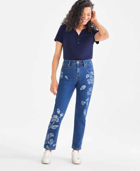 Petite High-Rise Floral-Motif Straight Jeans, Created for Macy's