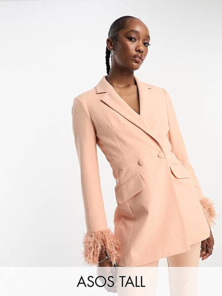 ASOS DESIGN Tall nipped waist tuxedo suit blazer with fringe cuff in apricot