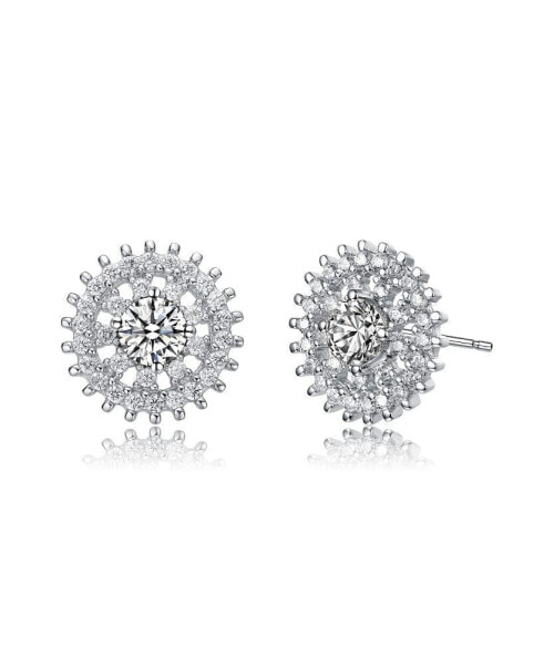 Sterling Silver with White Gold Plated Clear Round Cubic Zirconia Wreath Stud Earrings