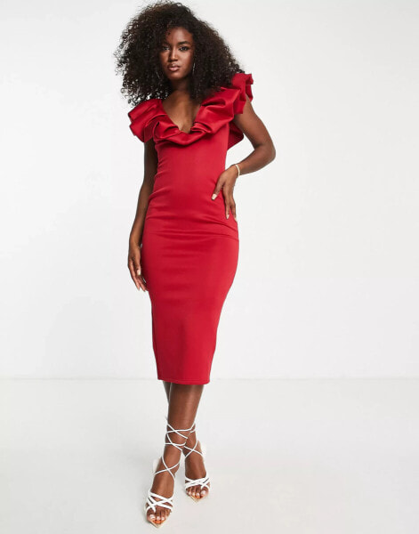 ASOS DESIGN – Tief ausgeschnittenes Midikleid in Rot mit gerafftem Ausschnitt