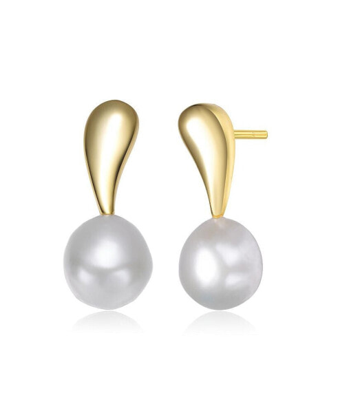 Sterling Silver 14K Gold Plated with Genuine Freshwater Round Pearl Stud Earrings