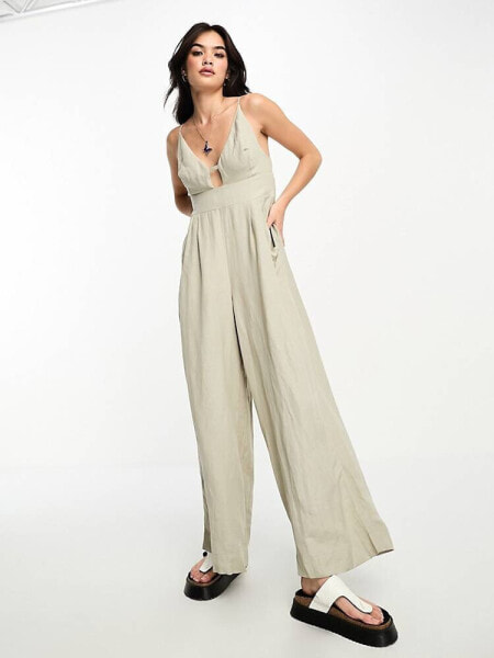 Free People plunge detail wide leg jumpsuit in light sage