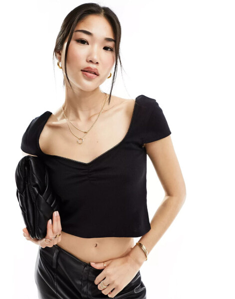 Cotton On trim detail sweetheart crop top in black