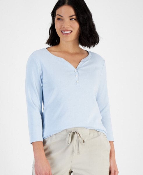 Petite Cotton Knit Henley 3/4-Sleeve Top, Created for Macy's