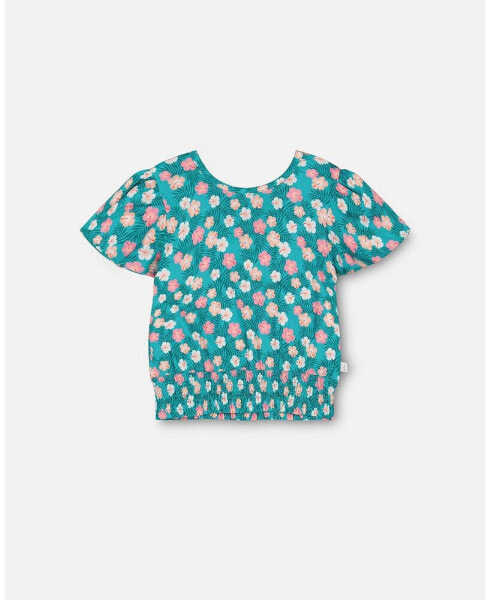 Girl Smocked Waist Viscose Blouse Turquoise - Toddler|Child