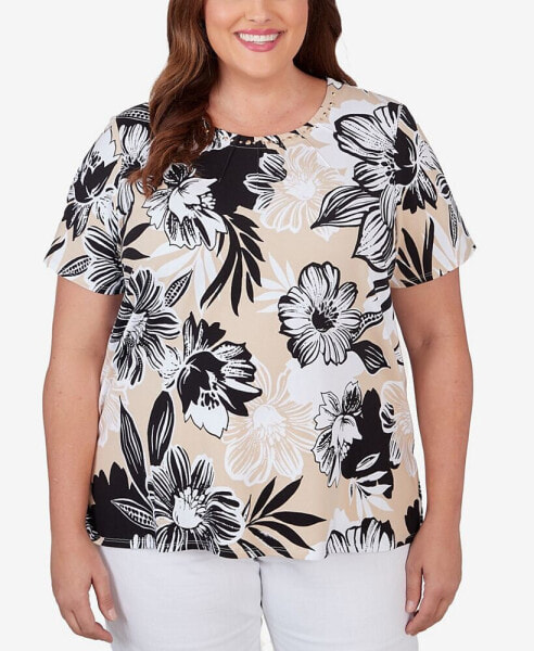 Plus Size Pleated Neck Bold Floral Short Sleeve Tee