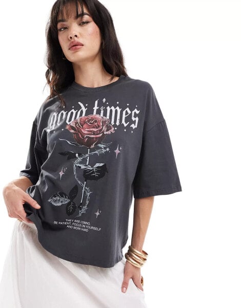 Pimkie rose graphic front print t-shirt in black