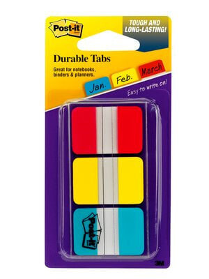 3M Post-It Tabs, 1 inch Solid, Red, Yellow, Blue, 22 Tabs/Color, 66/Dispenser, Blue, Red, Yellow, 25.4 mm, 38 mm, 22 sheets