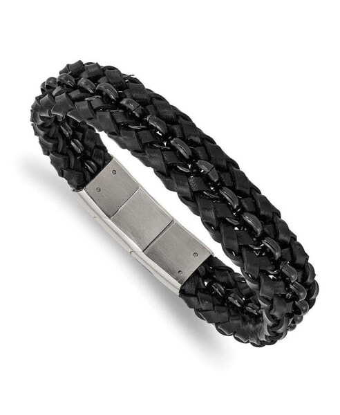 Stainless Steel Black IP-plated Black Leather Bracelet