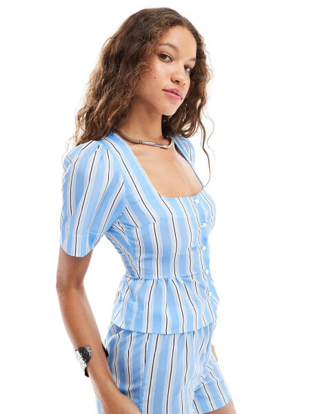 Reclaimed Vintage square neck button up top in blue stripe