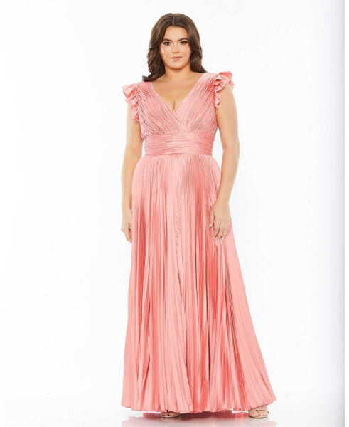 Plus Size Flutter Sleeve Pleated V-Neck Gown