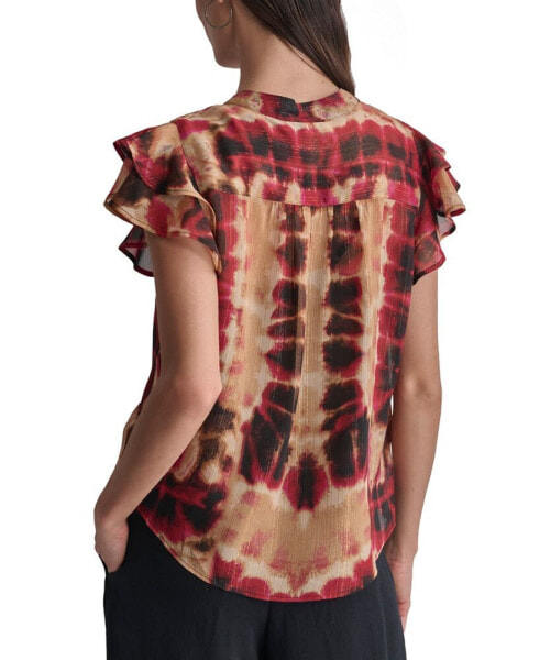 Women's Printed Double-Ruffle-Sleeve Split-Neck Chiffon Blouse