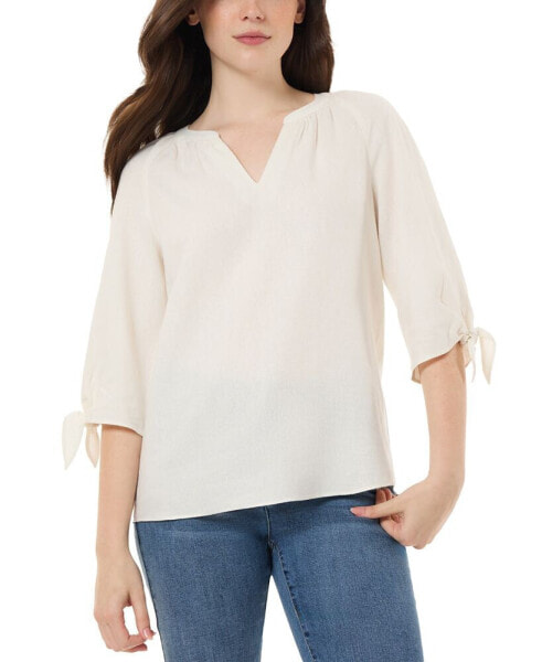 Petite Split-Neck Tie-Cuff Tunic Top