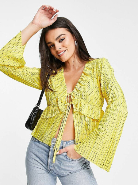 ASOS DESIGN plisse ruffle blouse in yellow polka dot