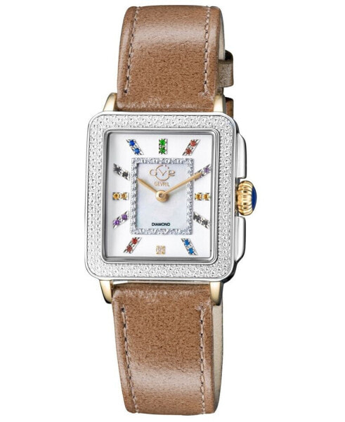Women's Padova Gemstone Swiss Quartz Diamond Accent Taupe Hand Made Italian Leather Strap Watch 27mm x 30mm