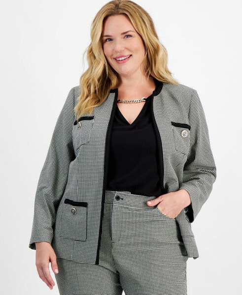 Plus Size Houndstooth Print Open Front Blazer