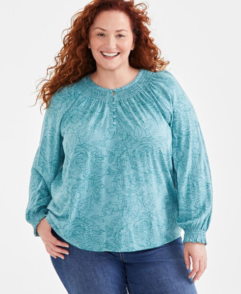 Plus Size Floral-Print Smocked-Trim Top, Created for Macy's