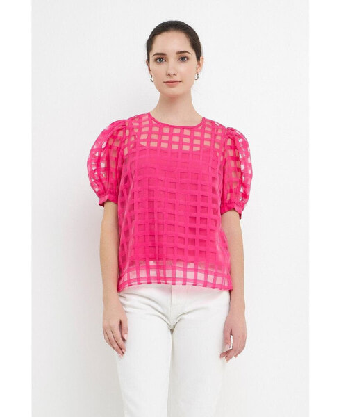 Women's Plaid Sheer Puff Sleeve Top