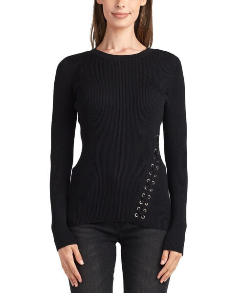 Juniors' Ribbed Long-Sleeve Lace-Up-Side Sweater