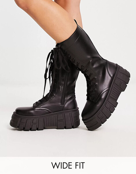 ASOS DESIGN – Athens 3 – Hohe chunky Schnürstiefel in Schwarz, weite Passform