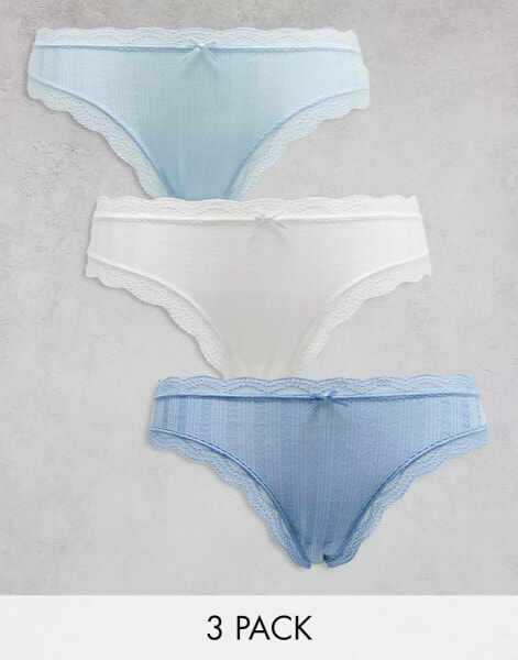 ASOS DESIGN 3 pack heart pointelle briefs with lace trim in blue & white