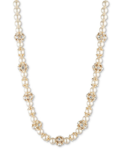 Gold-Tone Imitation Pearl & Crystal Button Station Necklace, 16" + 3" extender