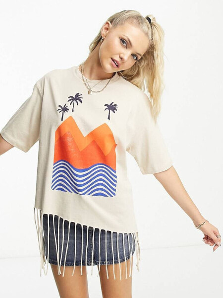 Native Youth shredded edge beach motif t-shirt in ecru