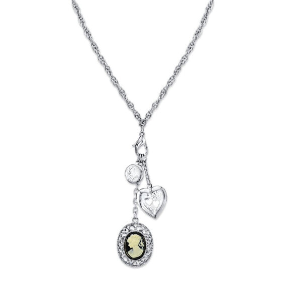 Silver-Tone Heart and Black Oval Cameo Charm Necklace 26"